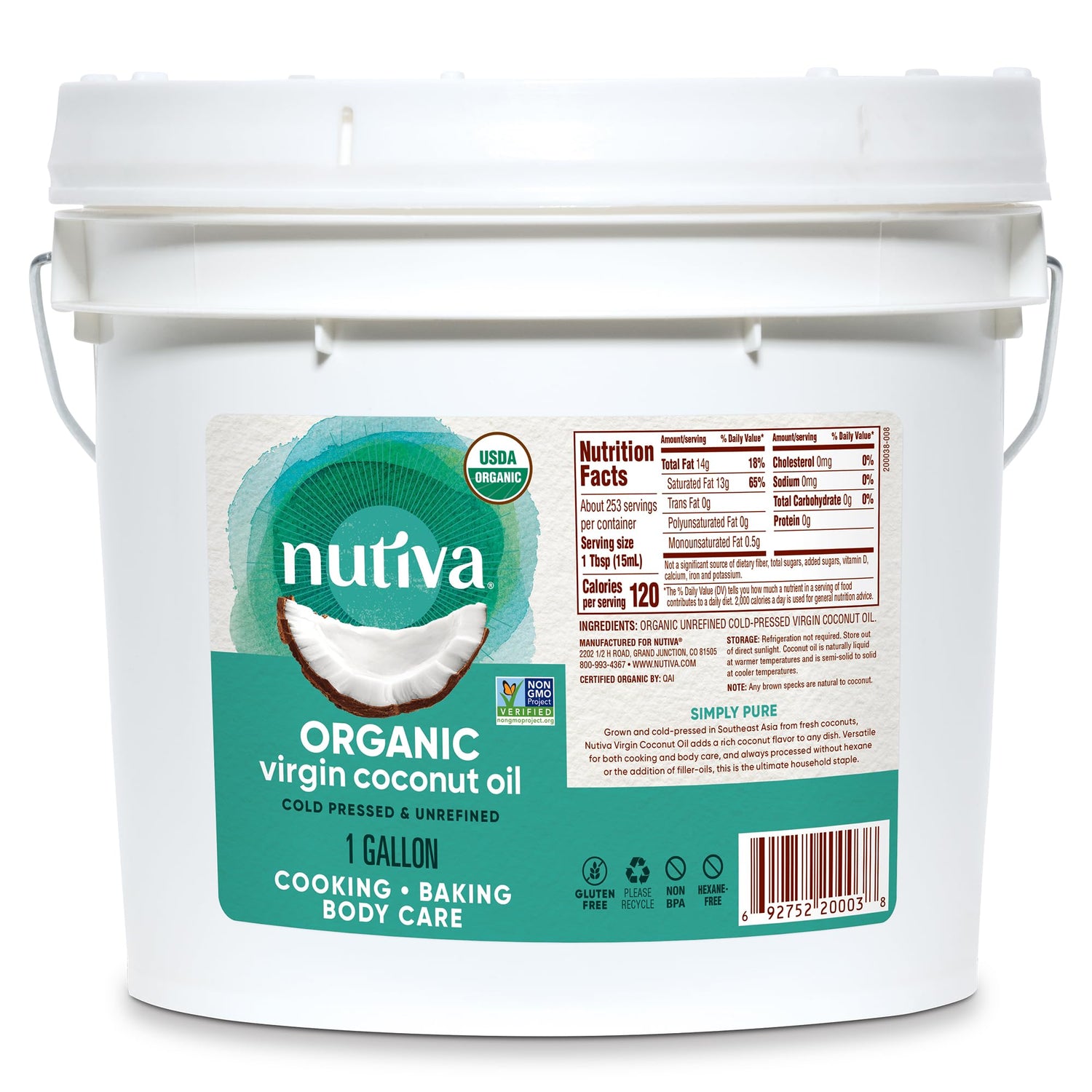 Nutiva coconut oil bottle pour highlighting smooth texture and versatile cooking uses.