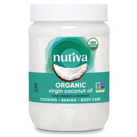 Nutiva coconut oil bottle showcases kitchen-ready packaging and inviting aroma.