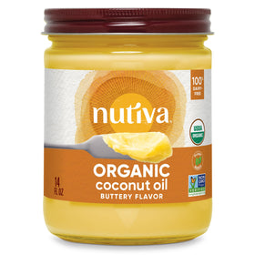 Nutiva coconut oil butter flavor jar ready for baking and sautéing