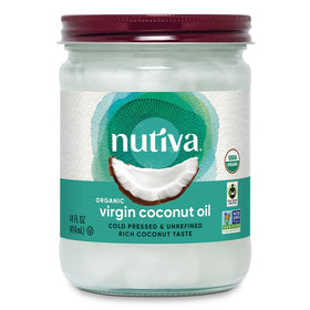 Nutiva Coconut Oil in a glass jar shows premium aroma and versatile cooking uses.