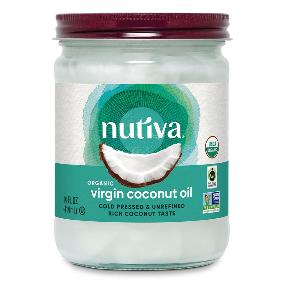 Nutiva Coconut Oil in a glass jar shows premium aroma and versatile cooking uses.