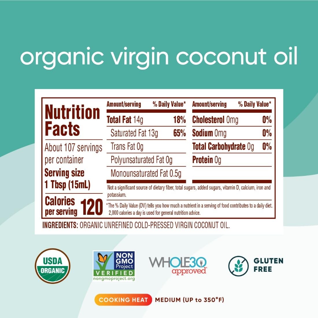 Nutiva coconut oil jar with spoon, ideal for baking and sautéing.