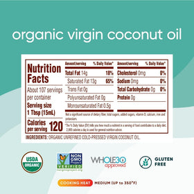 Nutiva coconut oil jar with spoon, ideal for baking and sautéing.