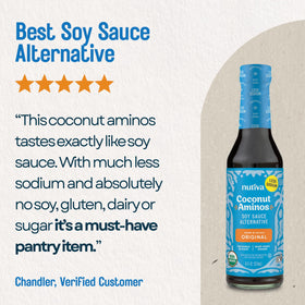 Nutiva Coconut Secret Coconut Aminos pour bottle ideal for marinades and sushi