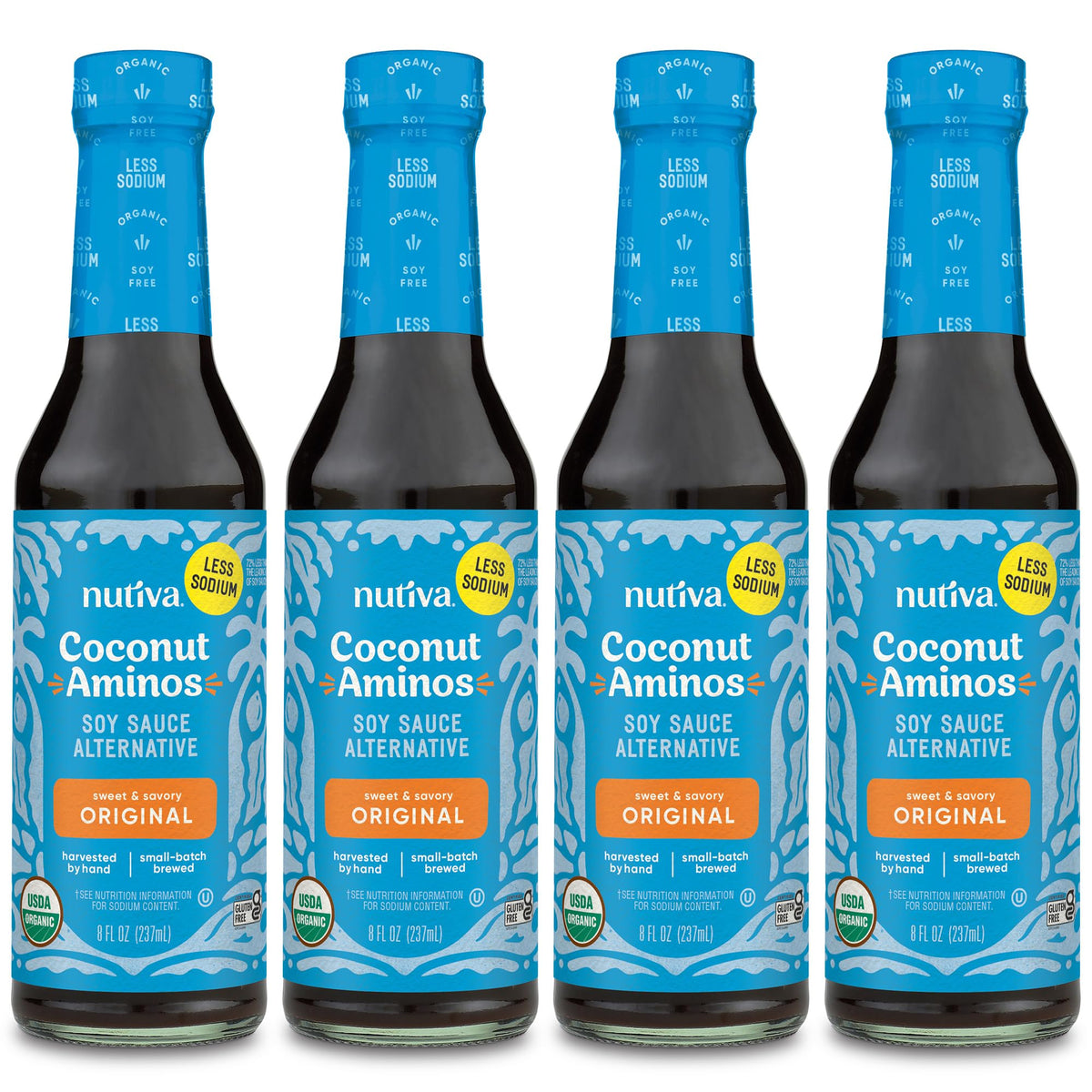 Nutiva Coconut Secret Coconut Aminos 4-pack bottles front view for soy-free seasoning