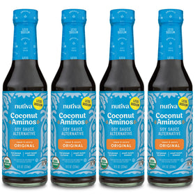 Nutiva Coconut Secret Coconut Aminos 4-pack bottles front view for soy-free seasoning