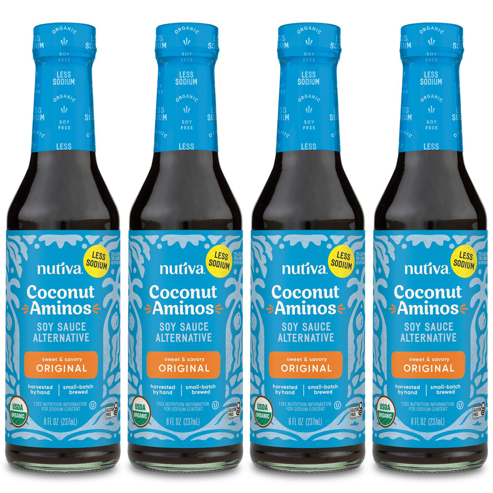 Nutiva Coconut Secret Coconut Aminos 4-pack bottles front view for soy-free seasoning