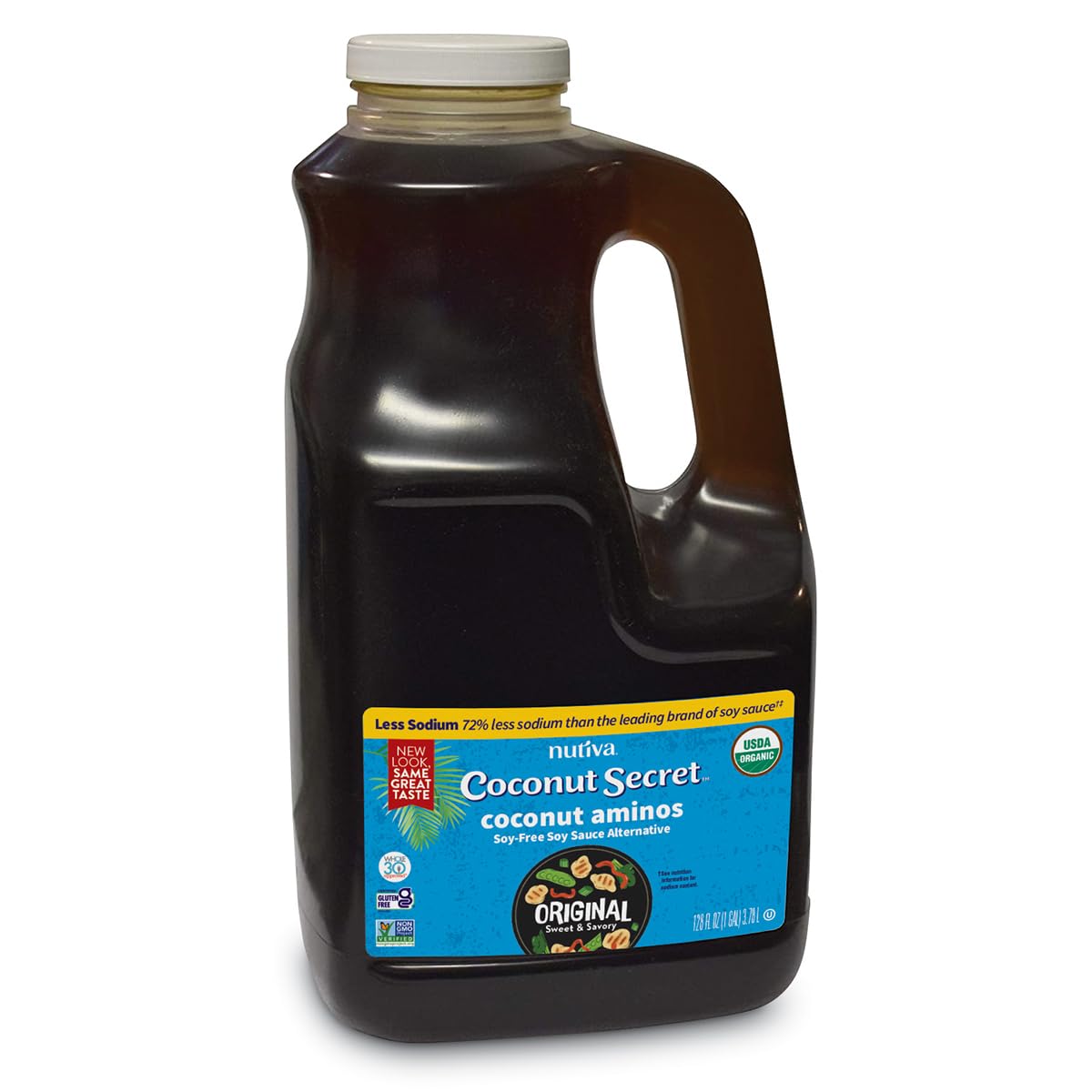 Nutiva Coconut Secret Coconut Aminos bottle on counter, a low-sodium soy sauce alternative.