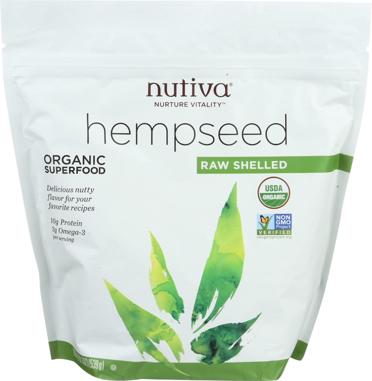 Nutiva hempseed raw shelled bag close-up showing protein-rich and heart-healthy fats.