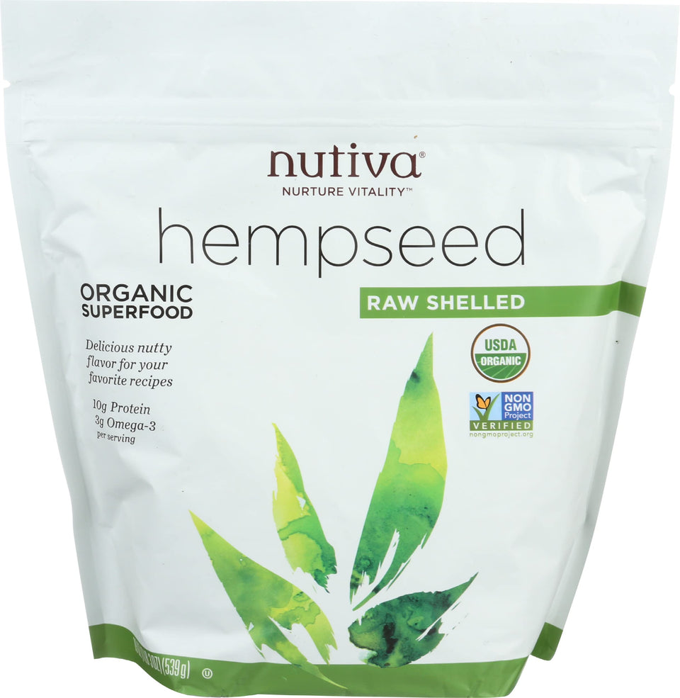 Nutiva hempseed raw shelled bag close-up showing protein-rich and heart-healthy fats.