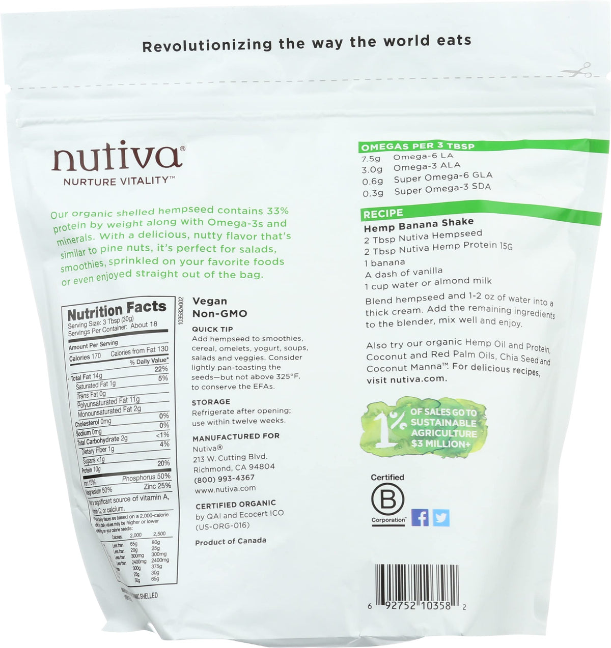 Close-up of Nutiva hempseed; natural, non-GMO, omega-balanced seeds.
