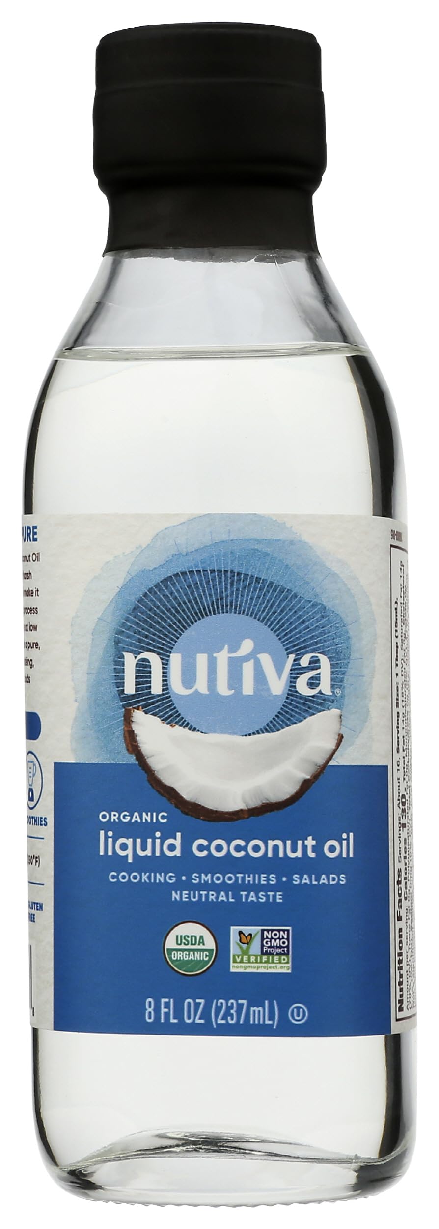 Nutiva Organic Liquid Coconut Oil bottle being poured for versatile cooking