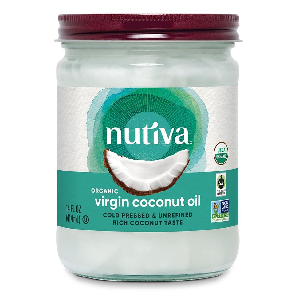 Nutiva Organic Virgin Coconut Oil bottle with tropical aroma for cooking and baking