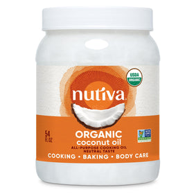 Nutiva steam-refined coconut oil bottle pour for neutral cooking.