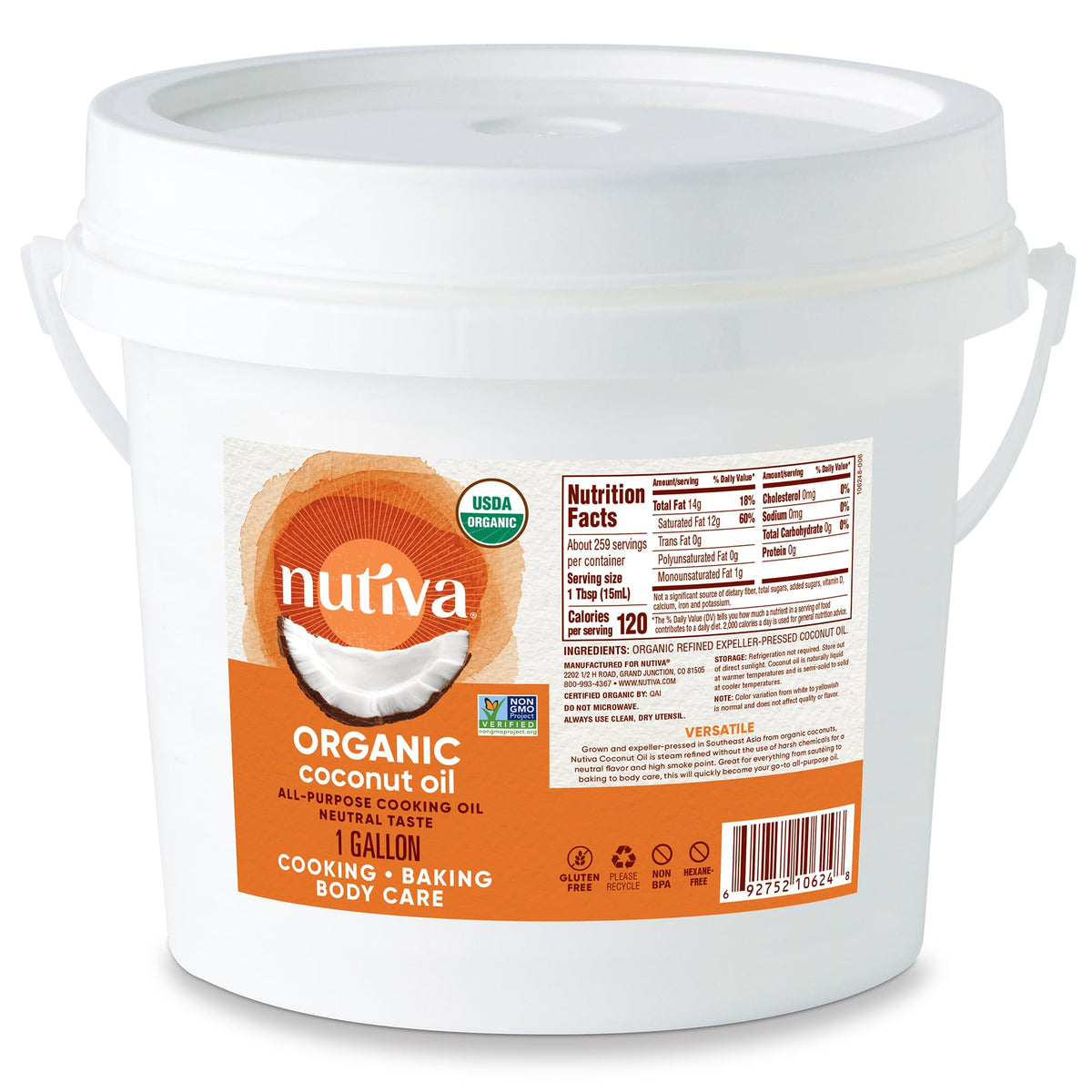 Nutiva Organic Steam Refined Coconut Oil bottle on kitchen shelf for versatile recipes