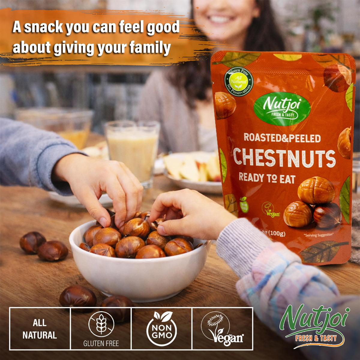 Nutjoi natural ingredients label, simple, additive-free chestnuts