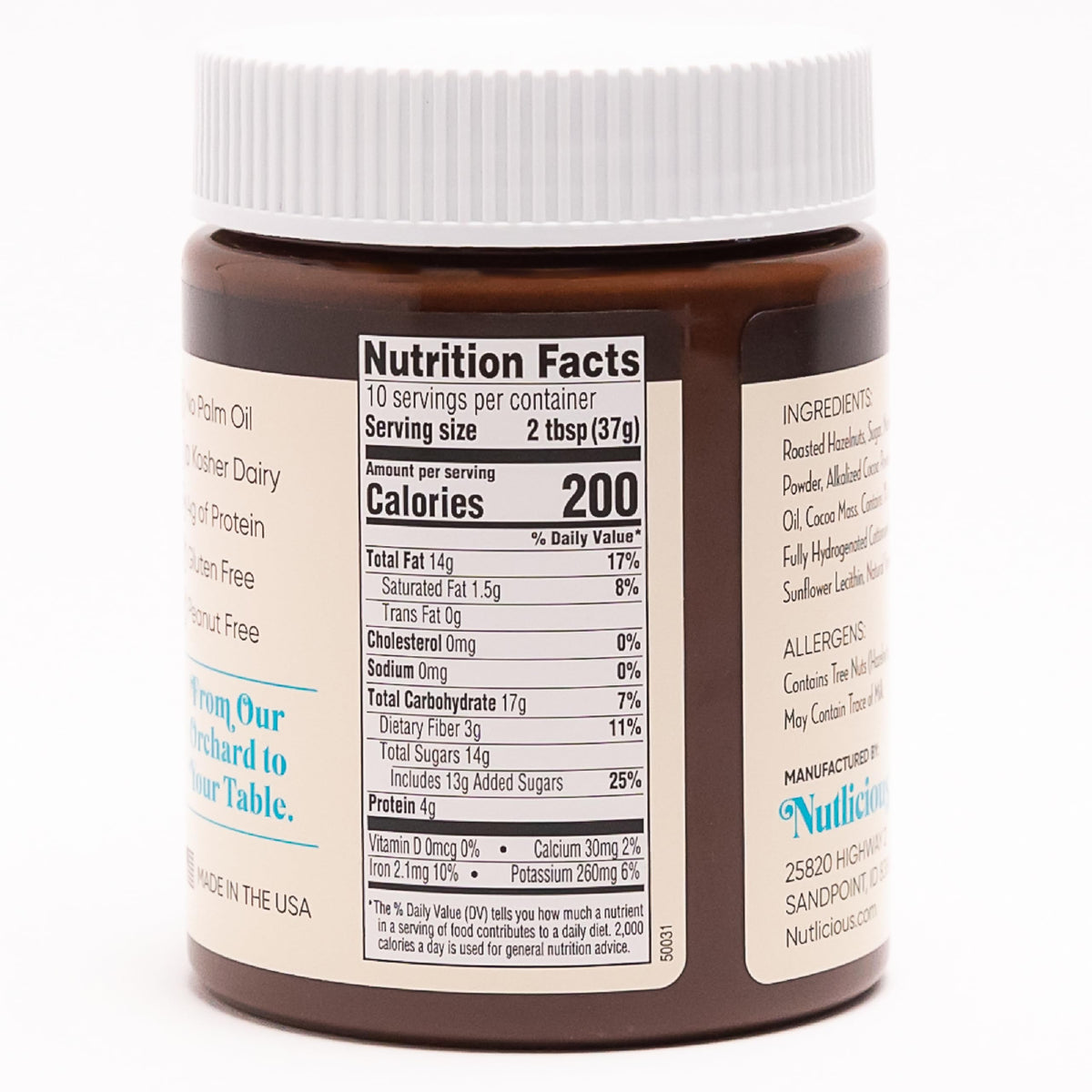 Nutlicious Hazelnut Dark Cocoa Spread ingredients highlight Oregon hazelnuts.