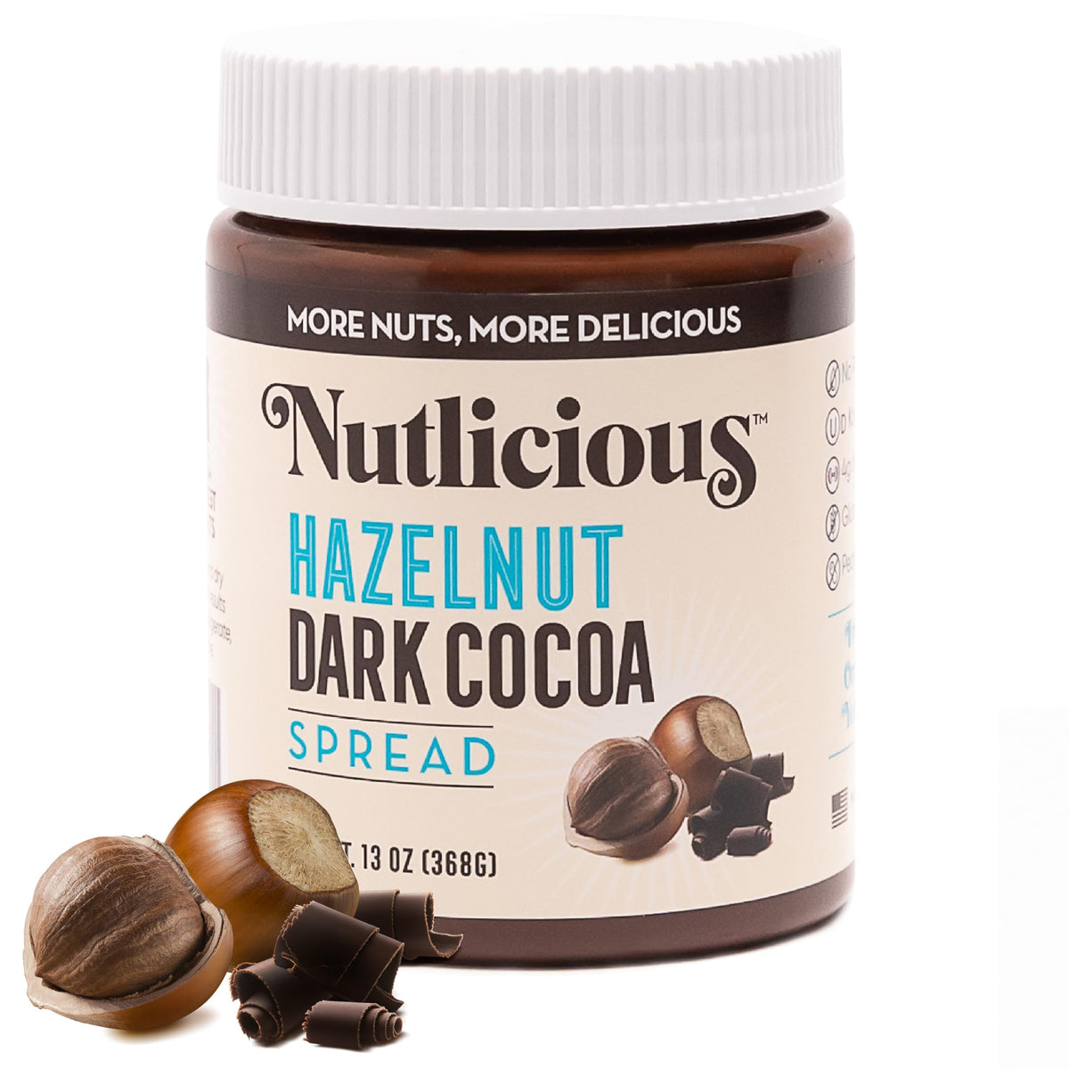 Nutlicious Hazelnut Dark Cocoa Spread jar with rich, silky texture for snacking.