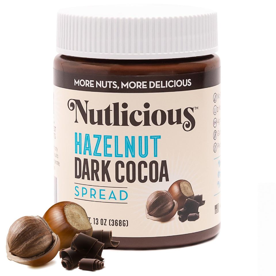 Nutlicious Hazelnut Dark Cocoa Spread jar with rich, silky texture for snacking.