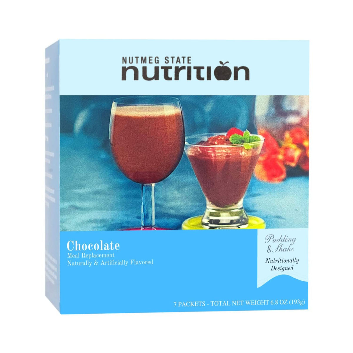 Nutmeg State Nutrition chocolate pudding box shown as a convenient meal option