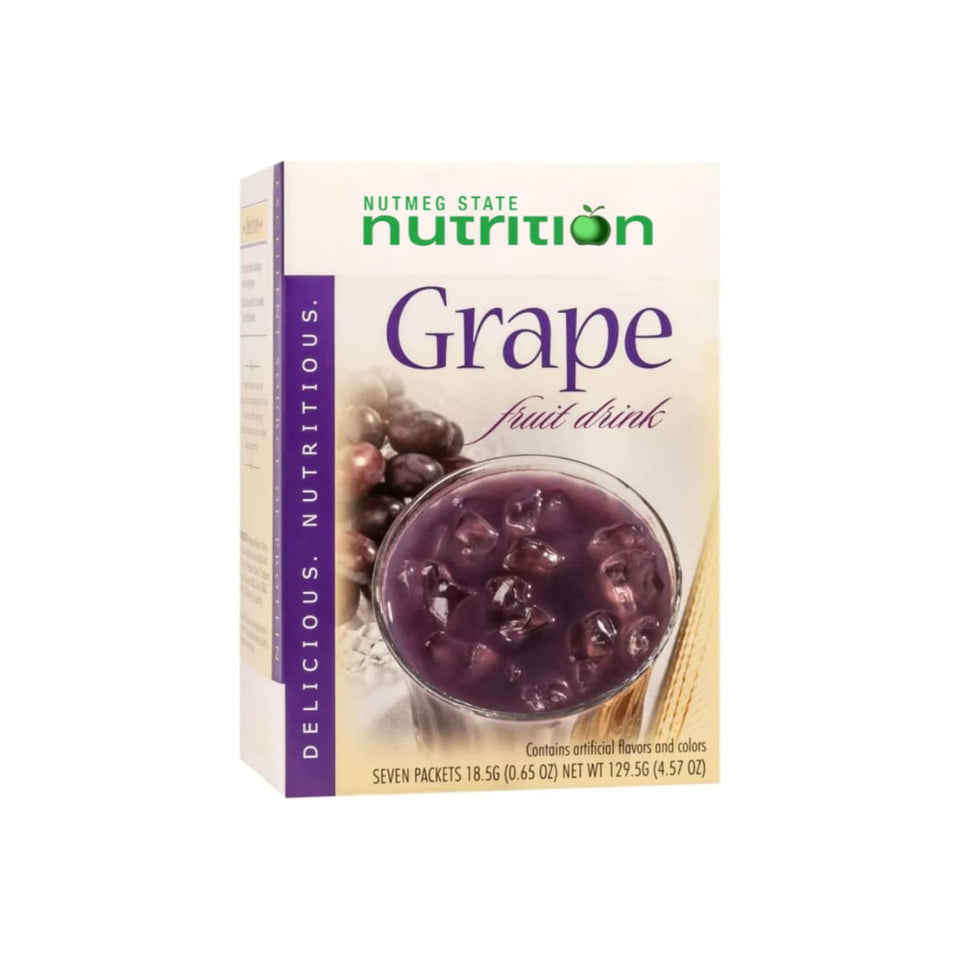Nutmeg State Nutrition grape fruit drink packet highlighting 15g protein per serving.