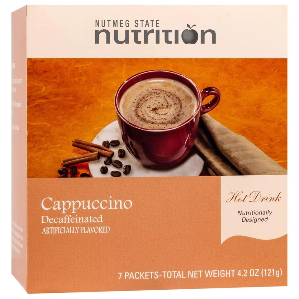 Nutmeg State Nutrition high protein cappuccino cup with creamy foam, quick protein boost.