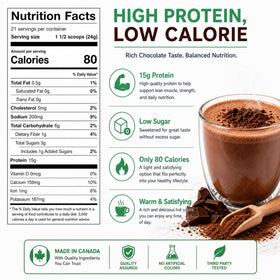 Nutmeg State Nutrition high-protein cocoa powder in a canister ready to mix.