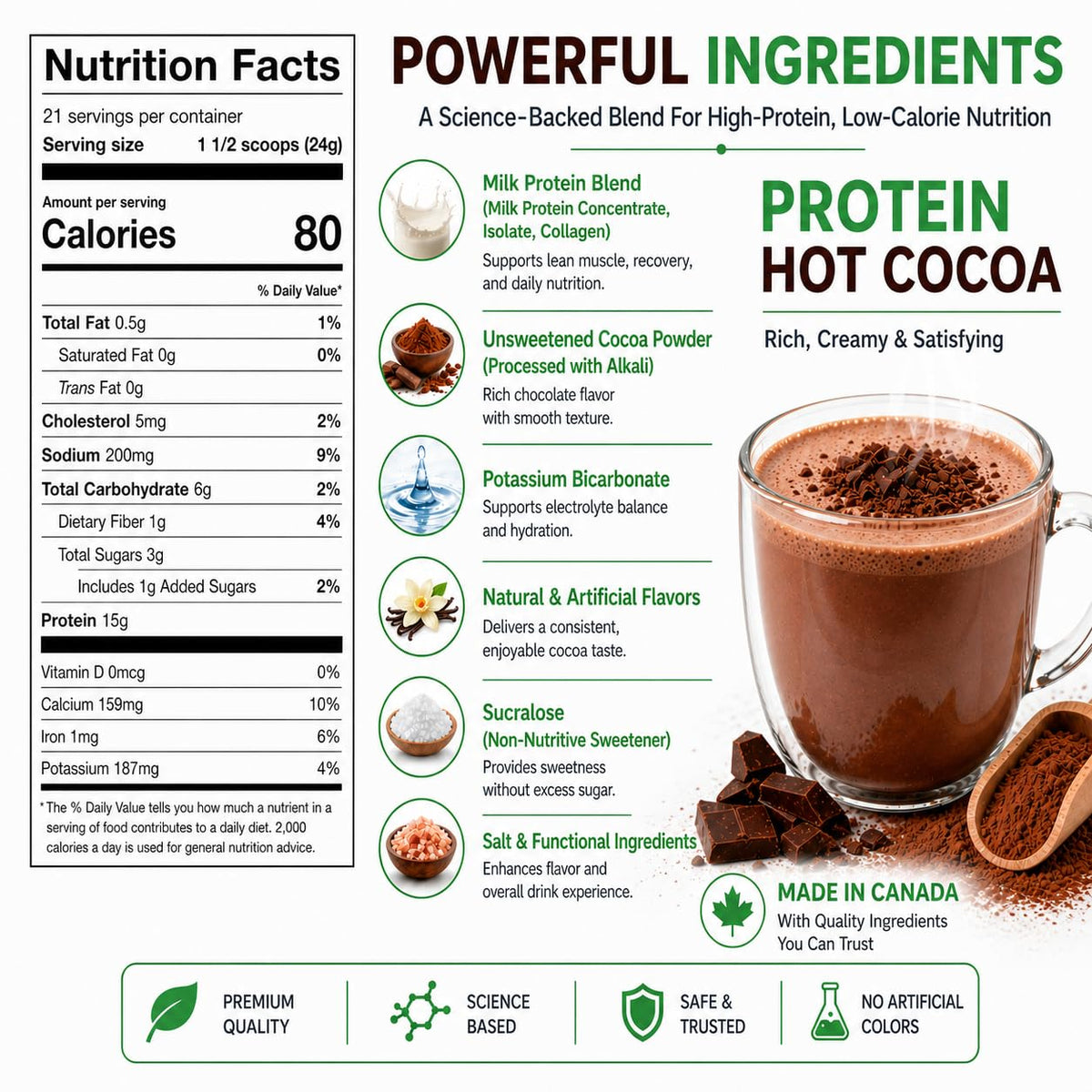 Nutmeg State Nutrition cup of hot cocoa with 15g protein per serving.