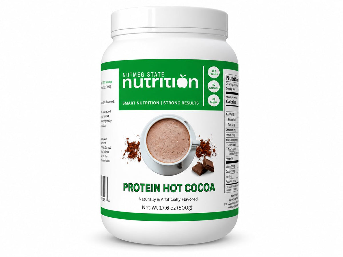 Nutmeg State Nutrition hot cocoa mix steaming in a mug for a high-protein treat.