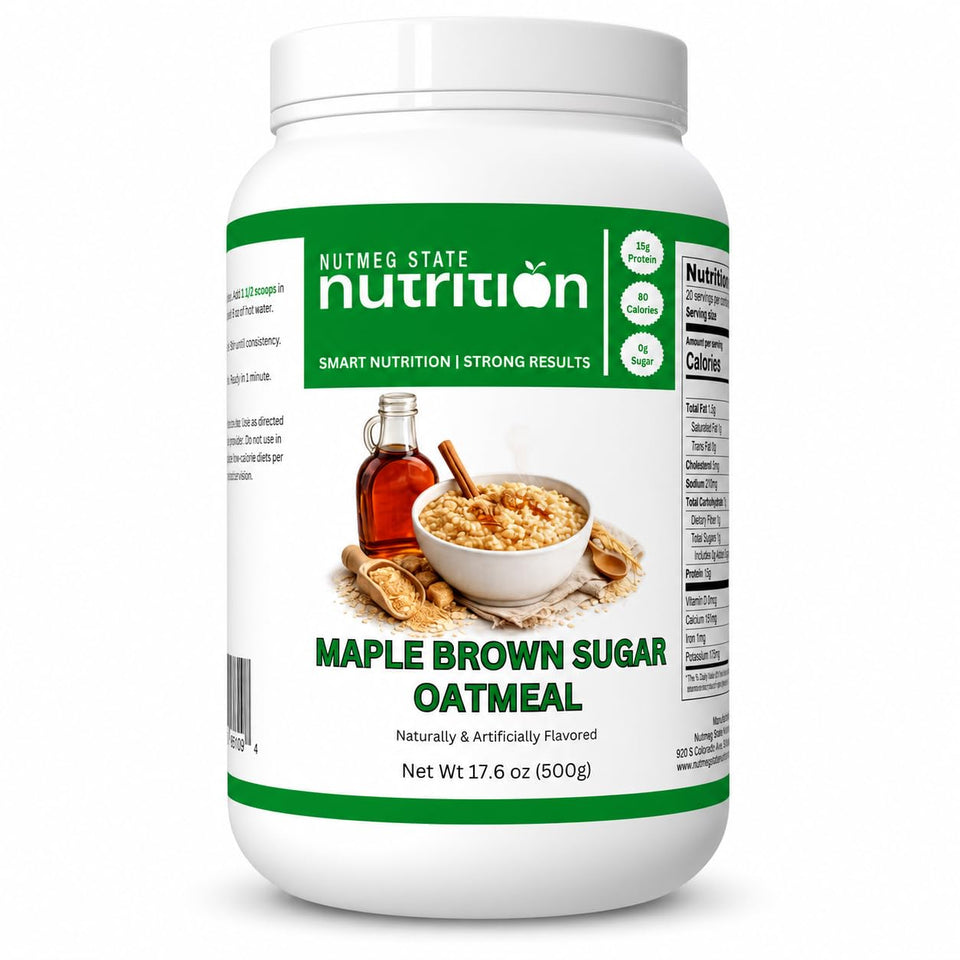 Nutmeg State Nutrition maple brown sugar oatmeal canister for a high-protein breakfast