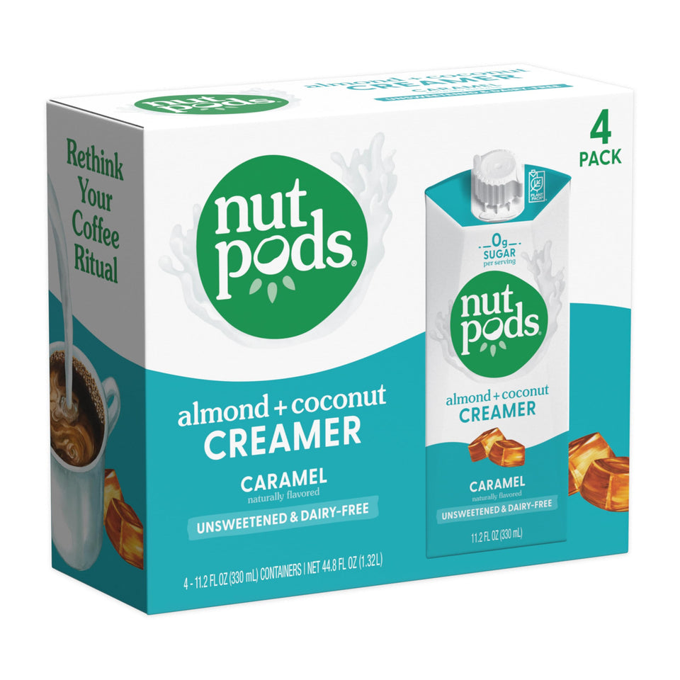 nutpods Caramel Coffee Creamer bottle on counter, zero sugar, dairy-free indulgence.