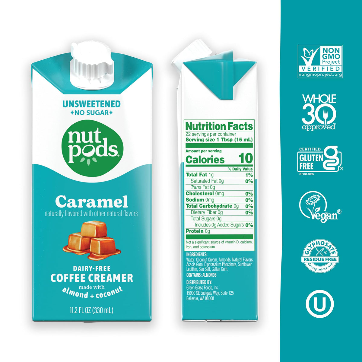 nutpods Caramel Coffee Creamer bottle close-up highlights unsweetened, zero sugar formula