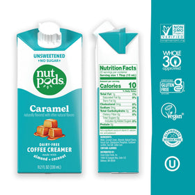 nutpods Caramel Coffee Creamer bottle close-up highlights unsweetened, zero sugar formula