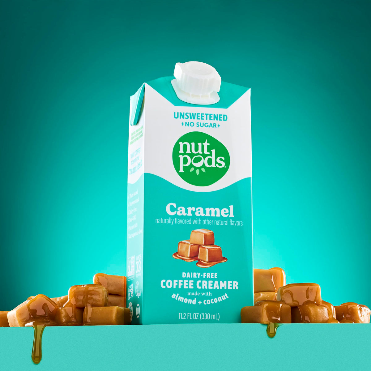 nutpods Caramel Coffee Creamer in cup, smooth dairy-free coffee experience.