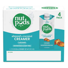 nutpods Caramel Coffee Creamer label close-up, Whole30 and vegan friendly.