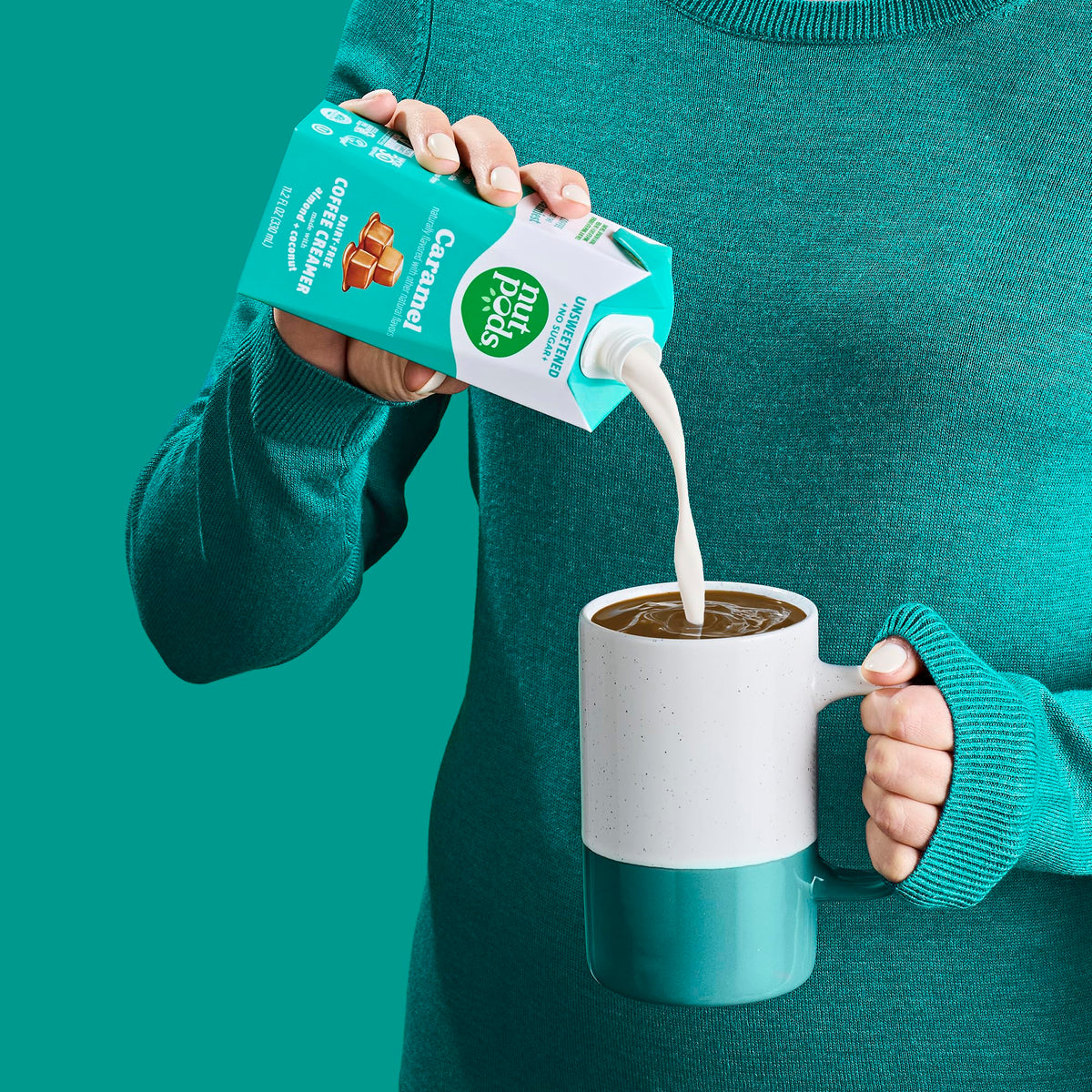 nutpods Caramel Coffee Creamer on shelf, sugar-free plant-based choice.