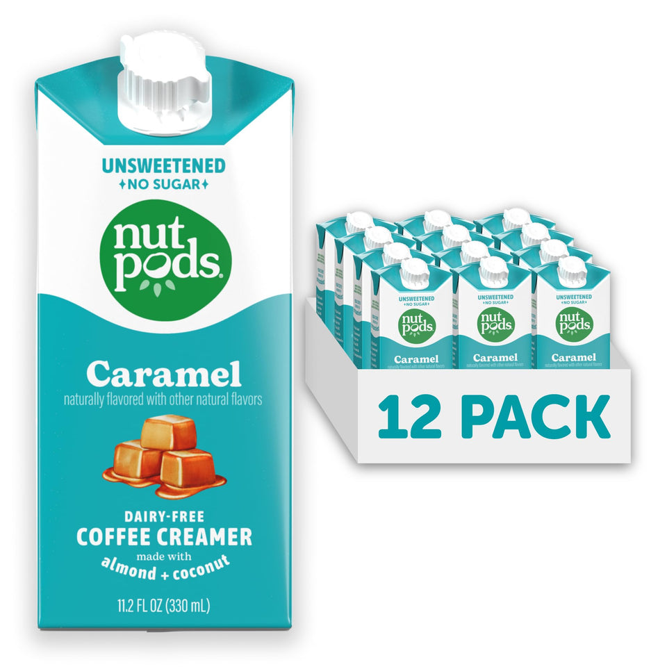 nutpods Caramel Coffee Creamer being poured into a mug for a dairy-free indulgence