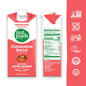 nutpods Cinnamon Swirl creamer ingredients-almond-coconut shows plant-based goodness for coffee
