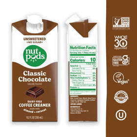 nutpods Classic Chocolate creamer pouring into coffee for creamy, unsweetened notes