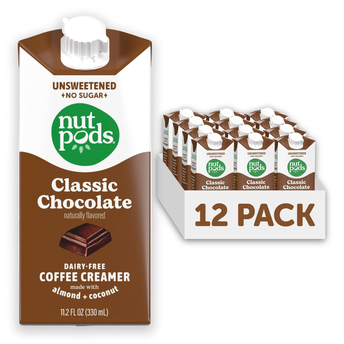 Nutpods Classic Chocolate unsweetened creamer bottle pour enhances dairy-free coffee.