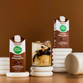 Nutpods Classic Chocolate unsweetened creamer 12-pack shelf-stable packaging for pantry storage.