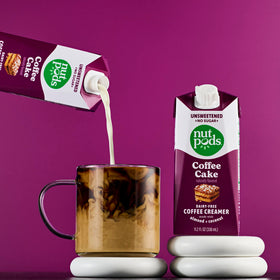 nutpods Coffee Cake creamer in a glass mug, vegan and lactose-free.