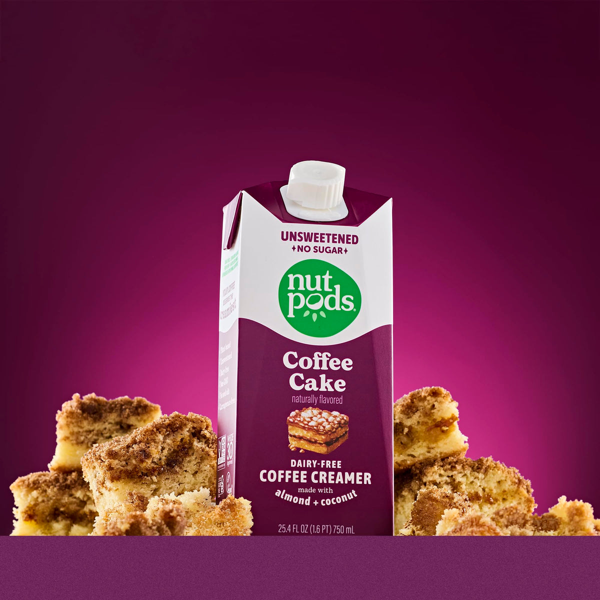 nutpods Coffee Cake creamer on kitchen counter, ready to brighten mornings.