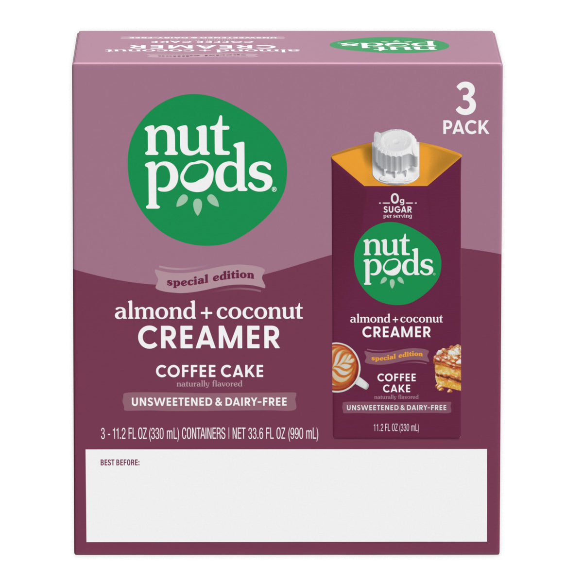 nutpods Coffee Cake creamer 3-pack on shelf, long shelf life.