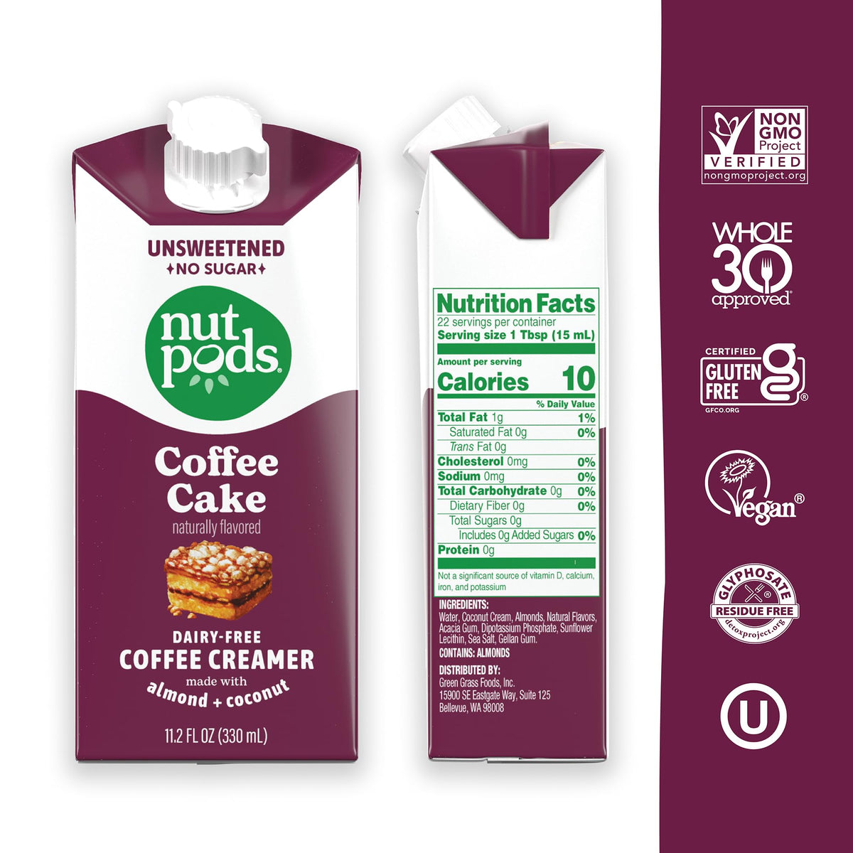 nutpods Coffee Cake creamer being poured into coffee, dairy-free and keto-friendly.