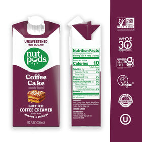 nutpods Coffee Cake creamer being poured into coffee, dairy-free and keto-friendly.
