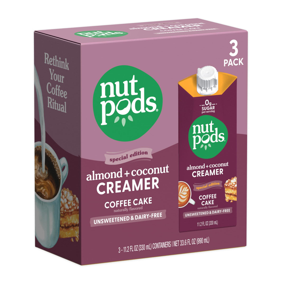 nutpods Coffee Cake creamer in a jar, zero sugar per serving, keto-friendly.