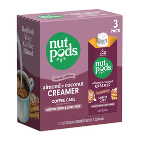nutpods Coffee Cake creamer in a jar, zero sugar per serving, keto-friendly.