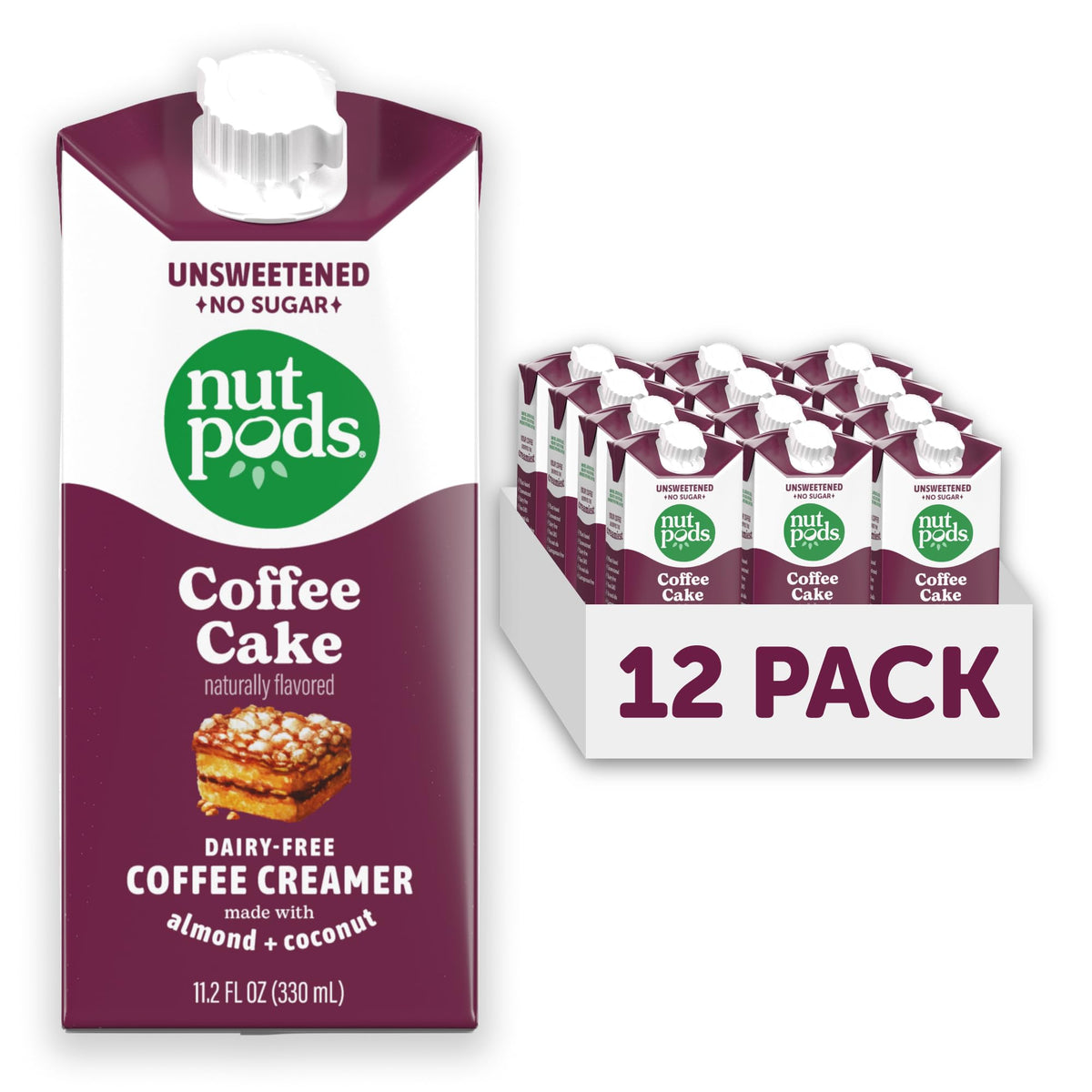 Nutpods Coffee Cake unsweetened creamer 12-pack, pantry-ready for everyday coffee
