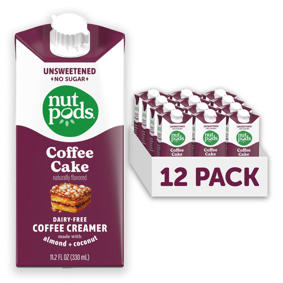 Nutpods Coffee Cake unsweetened creamer 12-pack, pantry-ready for everyday coffee